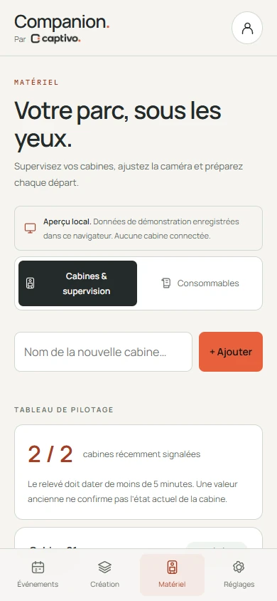 Captivo Companion sur téléphone, données de démonstration